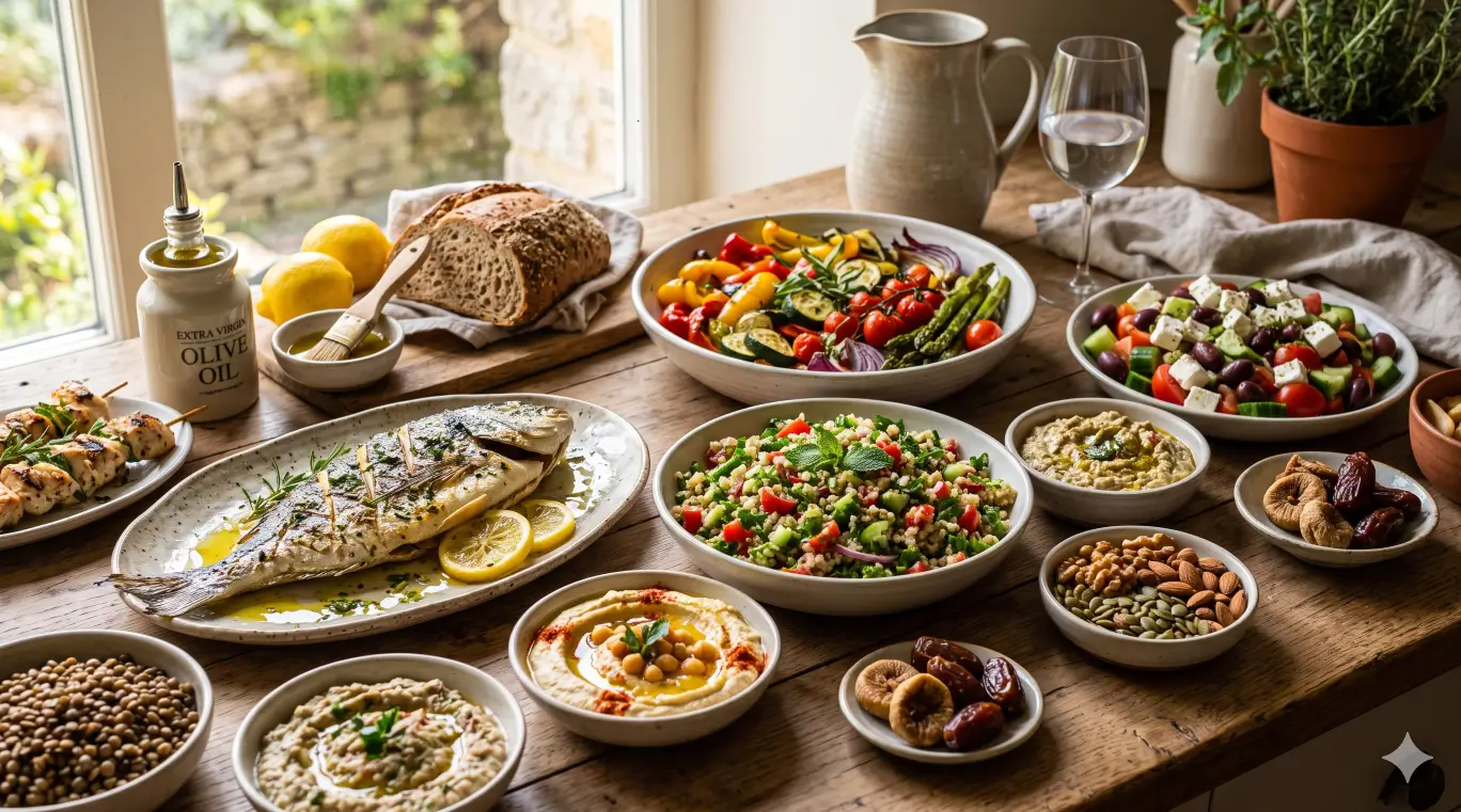 Foods characteristic of the Mediterranean and DASH dietary patterns, photographed side by side