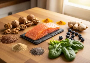 Anti-inflammatory foods: salmon, walnuts, flaxseed, chia, spinach, blueberries, turmeric and ginger