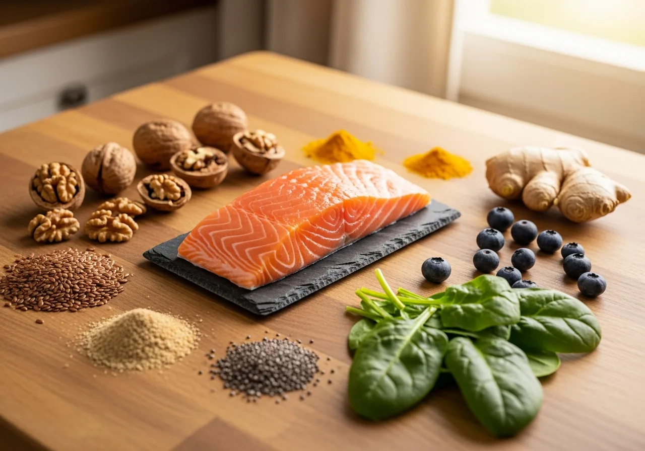Anti-inflammatory foods: salmon, walnuts, flaxseed, chia, spinach, blueberries, turmeric and ginger