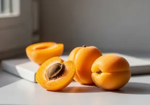Fresh apricots, one halved to show the stone