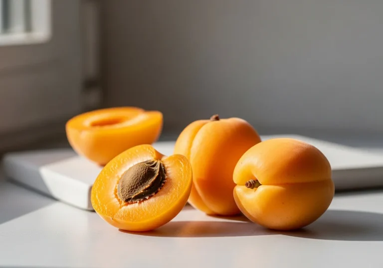 Fresh apricots, one halved to show the stone