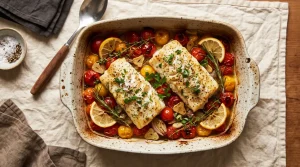Baked cod fillets over burst cherry tomatoes and garlic
