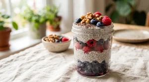 Chia pudding layered with blueberries, raspberries, walnuts and flaxseed