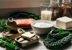 Foods for bone health: sardines, salmon, Greek yogurt, milk, tofu and kale