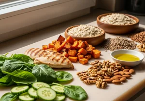 Foods arranged from lowest to highest calorie density, from cucumber to olive oil