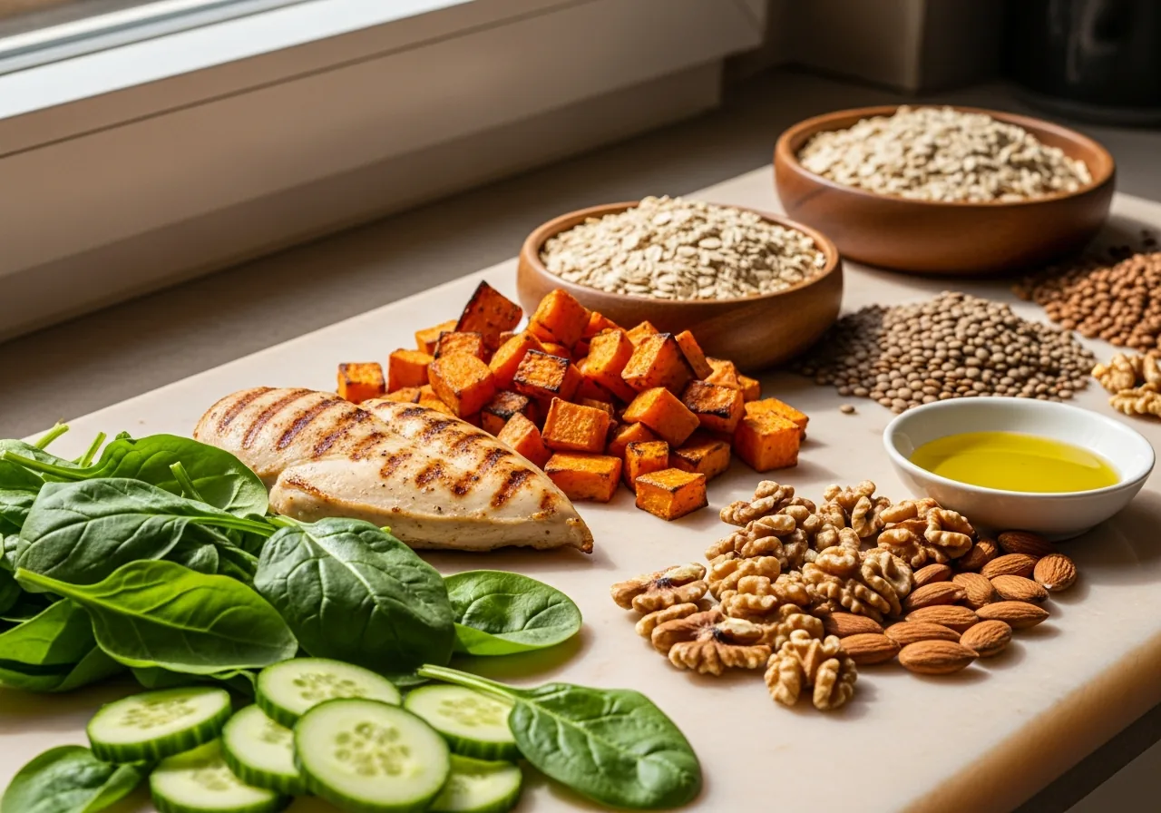 Foods arranged from lowest to highest calorie density, from cucumber to olive oil