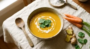 Golden carrot and red lentil soup in a rustic bowl