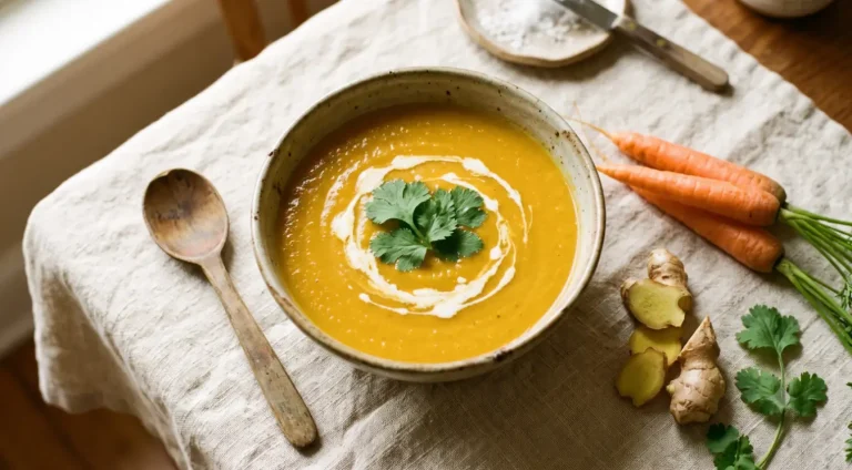 Golden carrot and red lentil soup in a rustic bowl