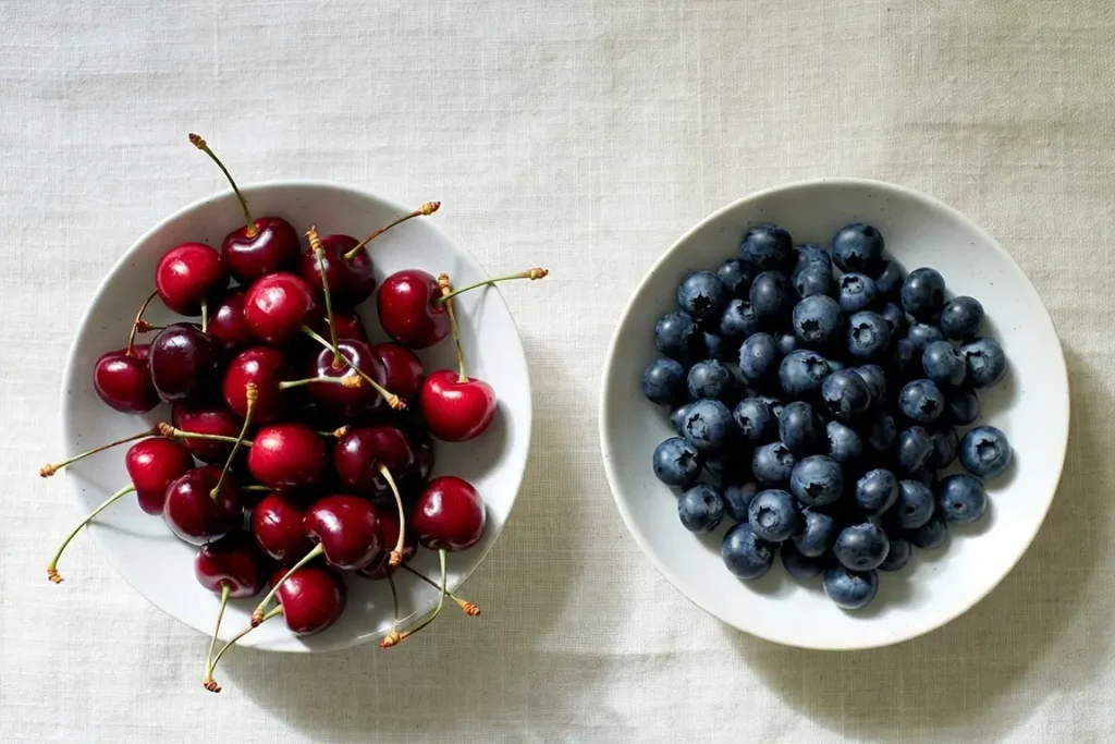 Cherries and blueberries side by side, photographed for nutritional comparison