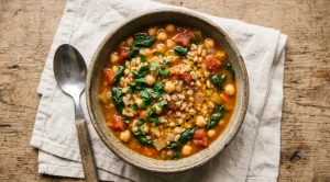 Bowl of chickpea, spinach and pearl barley stew in a tomato broth