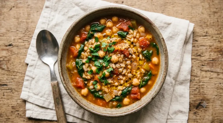 Bowl of chickpea, spinach and pearl barley stew in a tomato broth