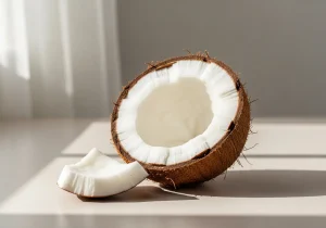 Raw coconut meat in a cracked shell