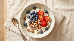 Cottage cheese bowl with blueberries, strawberries and almonds