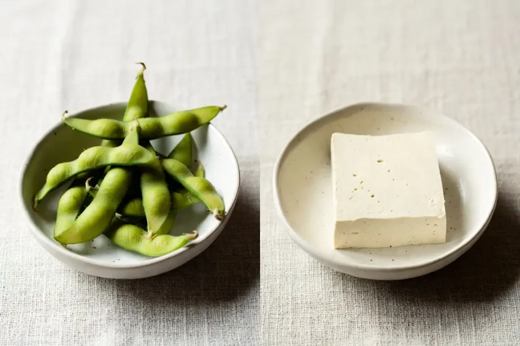 Edamame and tofu side by side, photographed for nutritional comparison