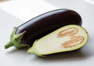Whole and halved raw aubergine