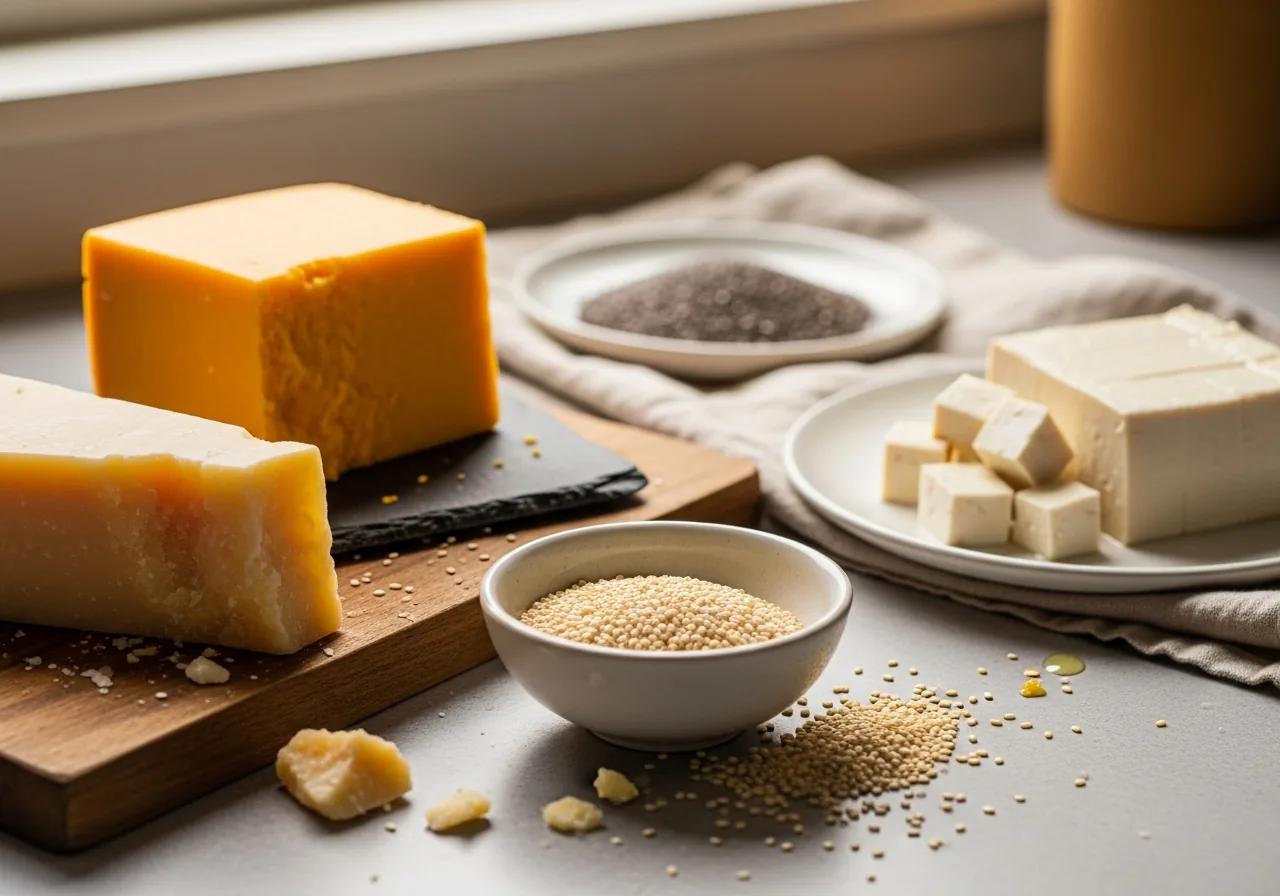 Foods High in Calcium: Parmesan, Sesame Seeds, Cheddar Cheese, Tofu, Chia Seeds