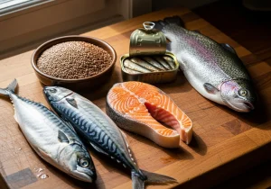 Foods High in Omega-3: Flaxseed, Mackerel, salmon fillet, Sardines, Rainbow Trout