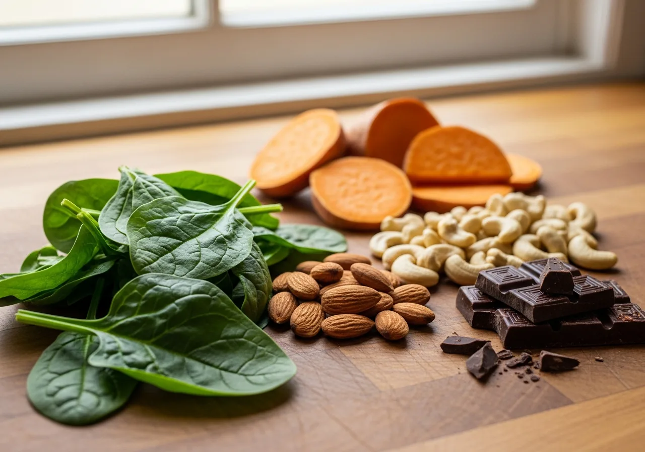 Foods High in Oxalates: Spinach, dark chocolate, Almonds, Sweet Potato, Cashews