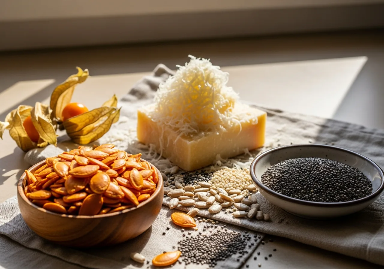 Foods High in Phosphorus: Pumpkin Seeds, Sunflower Seeds, Parmesan, Chia Seeds, Sesame Seeds