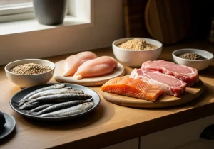 Foods High in Purines: Sardines, raw chicken breast, salmon fillet, raw pork tenderloin, Lentils