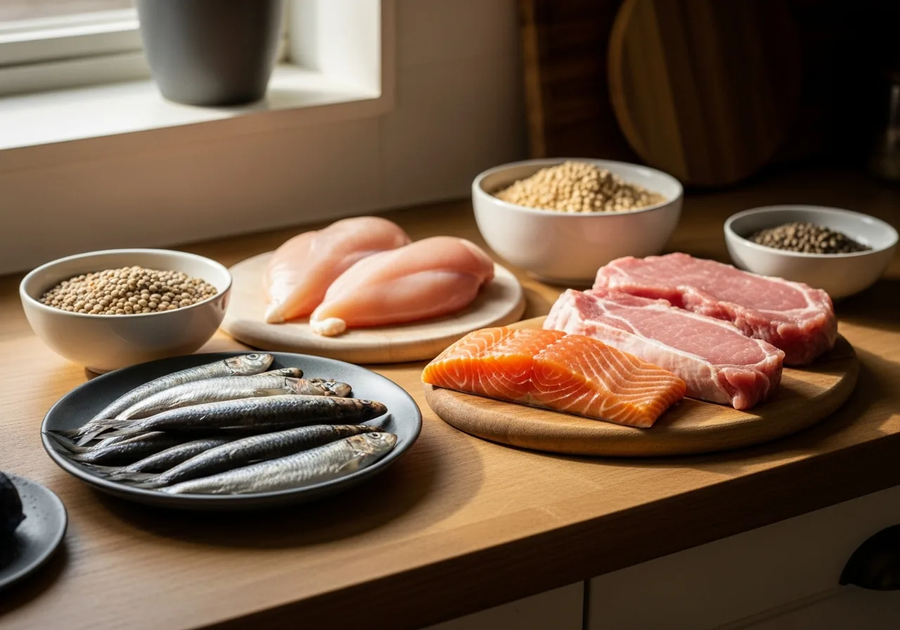 Foods High in Purines: Sardines, raw chicken breast, salmon fillet, raw pork tenderloin, Lentils