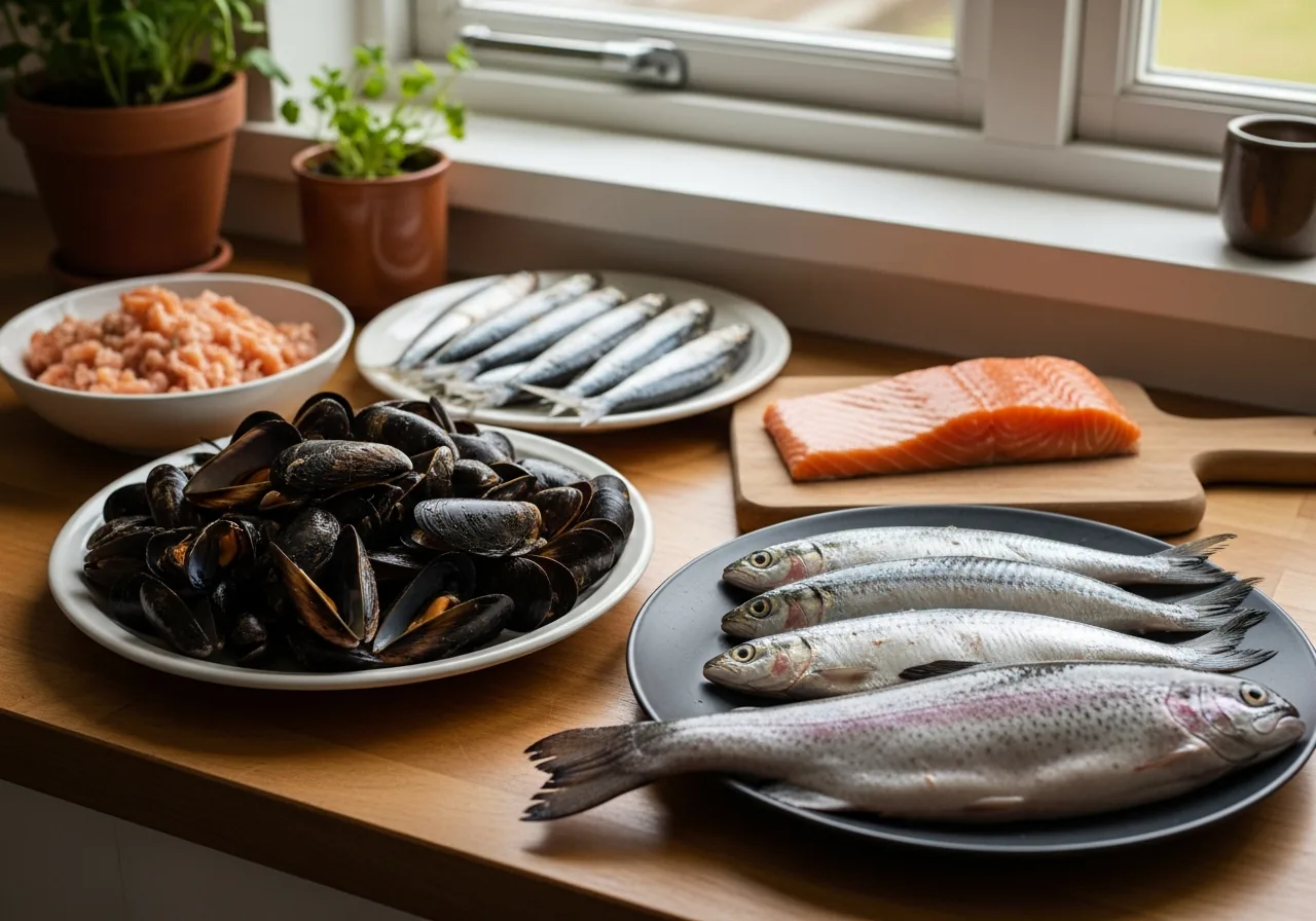 Foods High in Vitamin B12: Mussels, Sardines, Mackerel, salmon fillet, Rainbow Trout