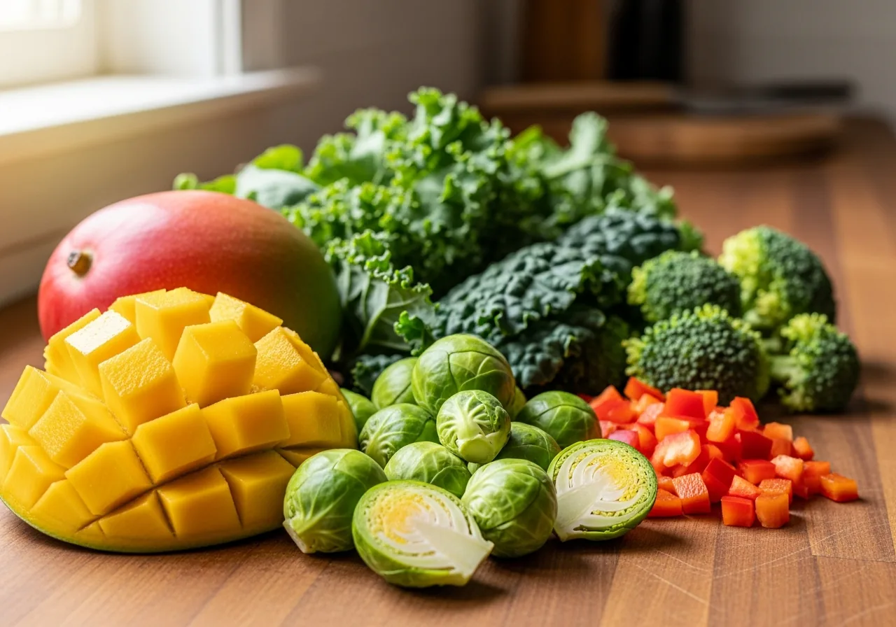 Foods High in Vitamin C: Mango, Brussels Sprouts, red bell peppers, Kale, Broccoli