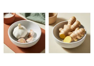 Garlic and ginger side by side, photographed for nutritional comparison