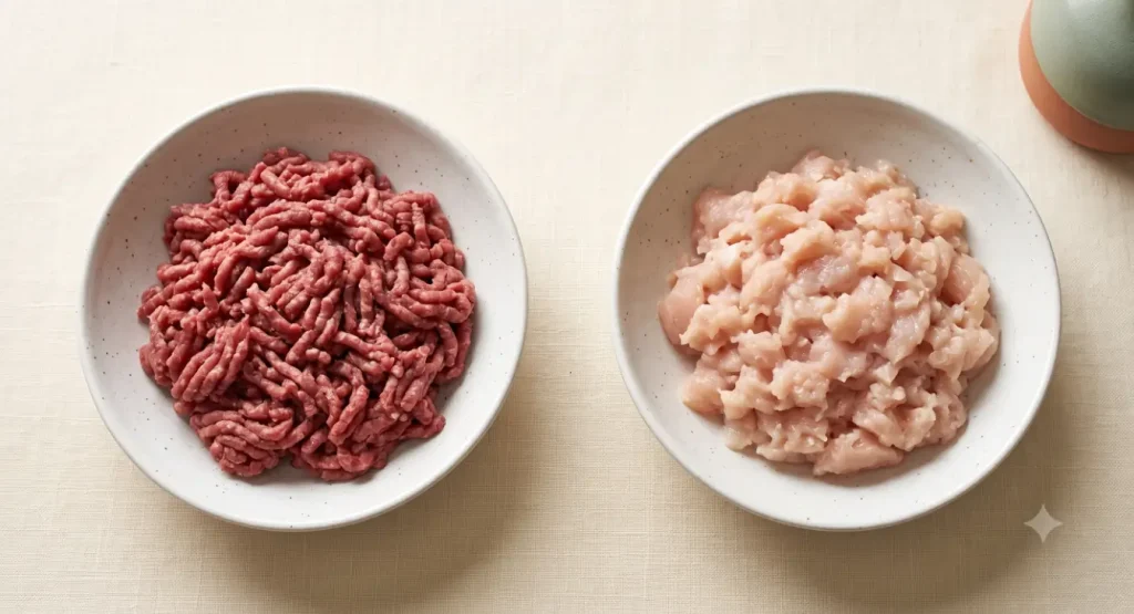 Ground turkey and lean beef side by side, photographed for nutritional comparison