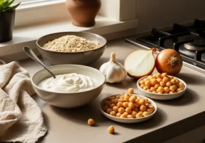 Foods for gut health: Greek yogurt, oats, chickpeas, garlic and onion