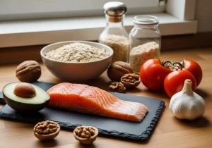 Foods for heart health: salmon, oats, walnuts, avocado, tomatoes and garlic