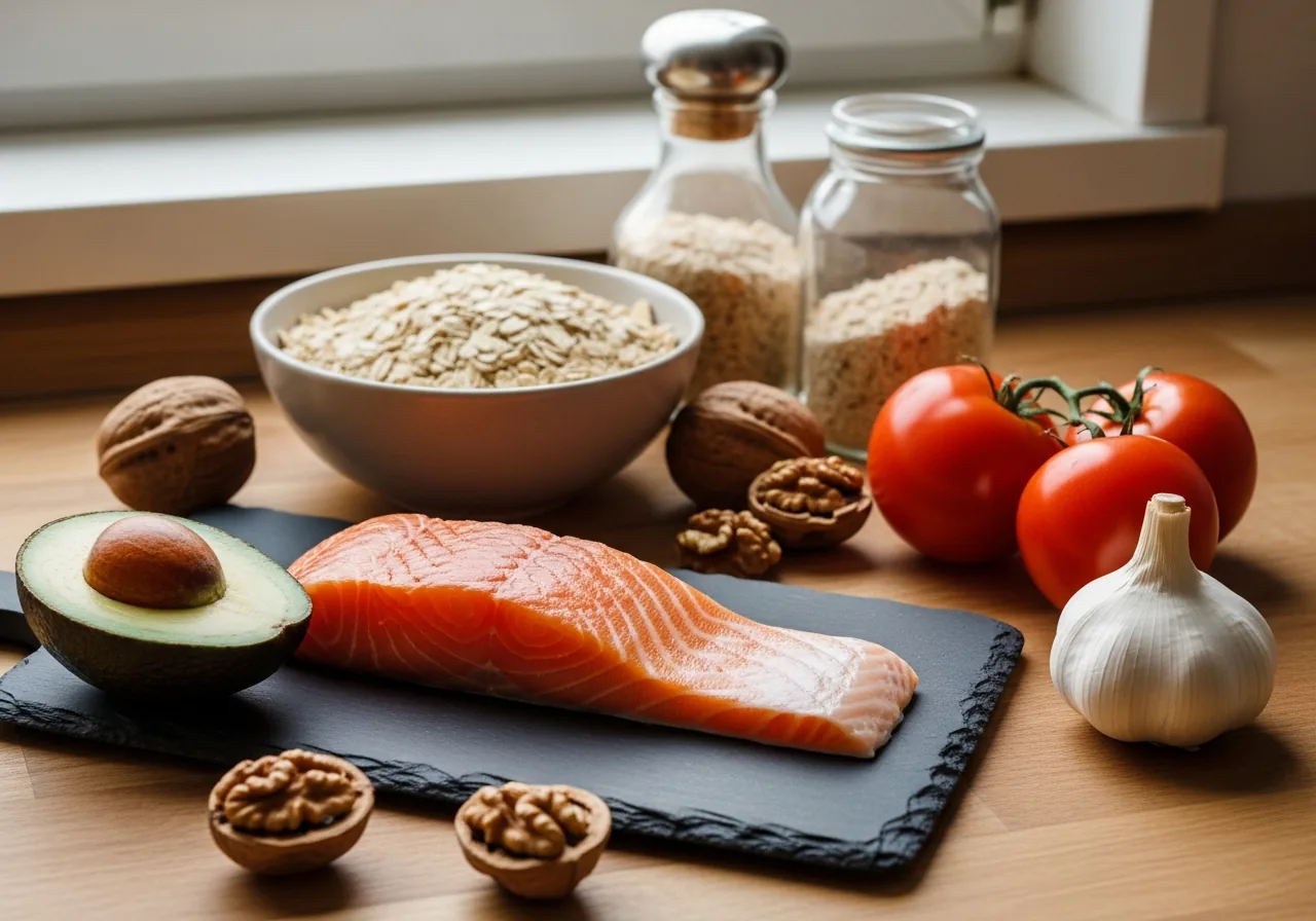 Foods for heart health: salmon, oats, walnuts, avocado, tomatoes and garlic