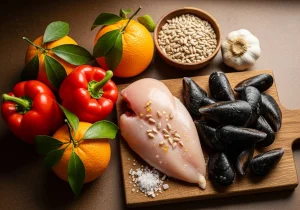 Foods for immune support: oranges, red peppers, chicken, mussels, sunflower seeds and garlic