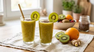 Two glasses of kiwi, orange and ginger smoothie with fresh fruit alongside