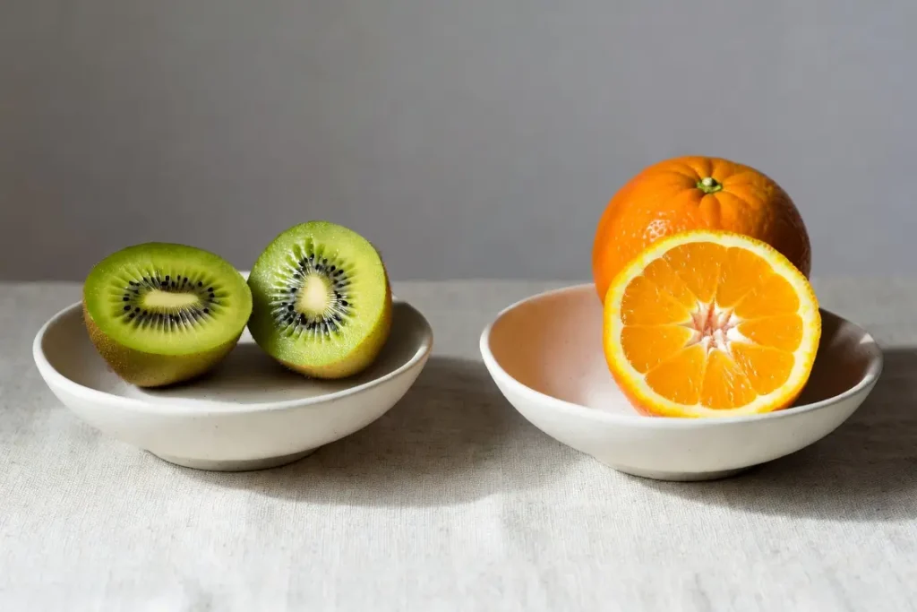 Kiwifruit and orange side by side, photographed for nutritional comparison