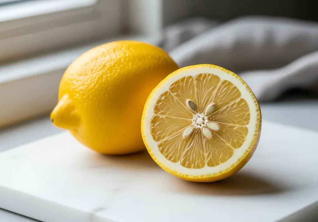 Fresh lemons, one halved