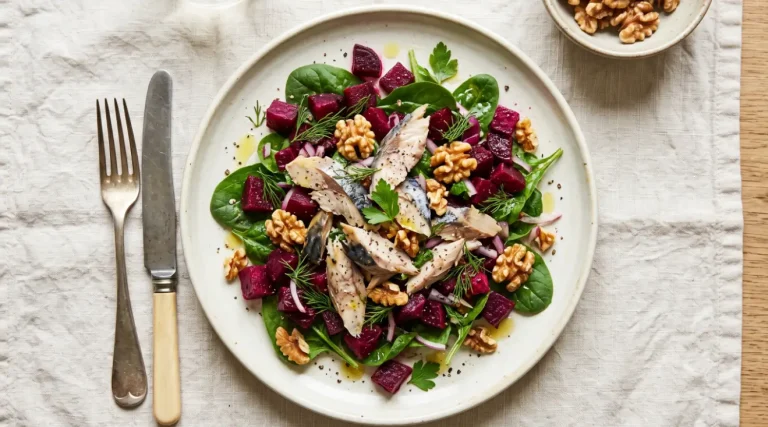 Flaked mackerel, beetroot and walnuts over spinach