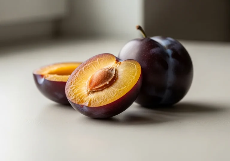 Fresh plums, one halved