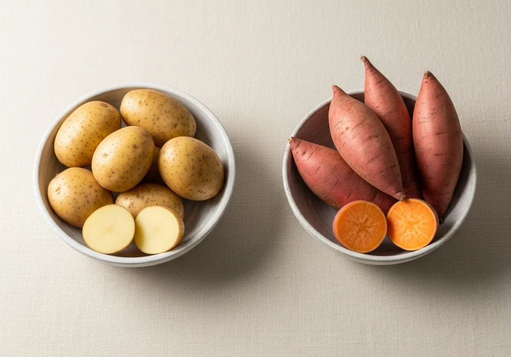 Potato and sweet potato side by side, photographed for nutritional comparison