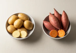 Potato and sweet potato side by side, photographed for nutritional comparison