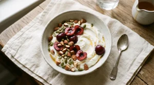 Greek yogurt bowl topped with fresh cherries, chopped almonds and pumpkin seeds
