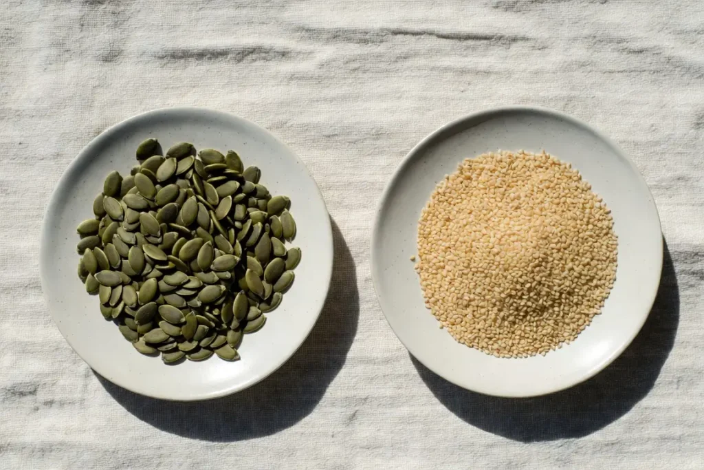 Pumpkin seeds and sesame seeds side by side, photographed for nutritional comparison