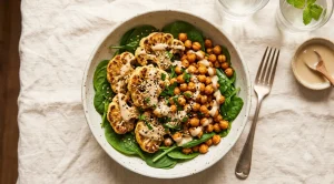 Roasted cauliflower and chickpeas over spinach with tahini