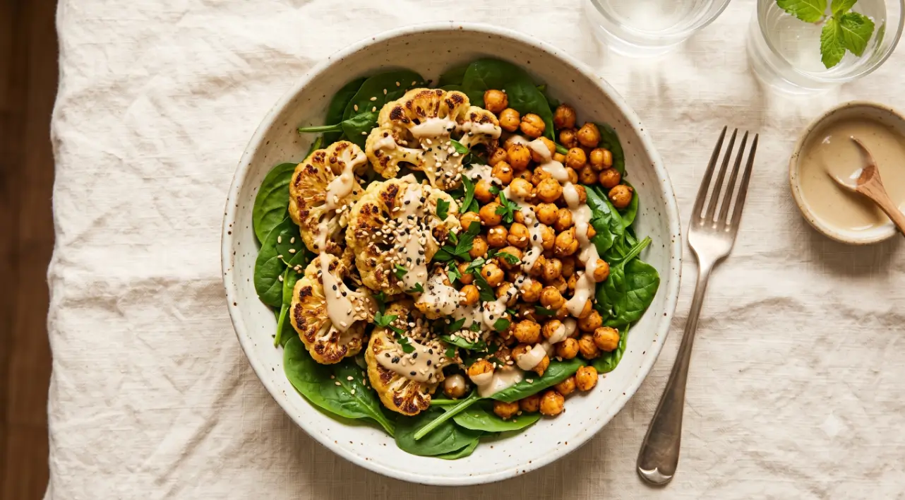 Roasted cauliflower and chickpeas over spinach with tahini