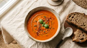 Bowl of smooth roasted red pepper and tomato soup with chilli flakes