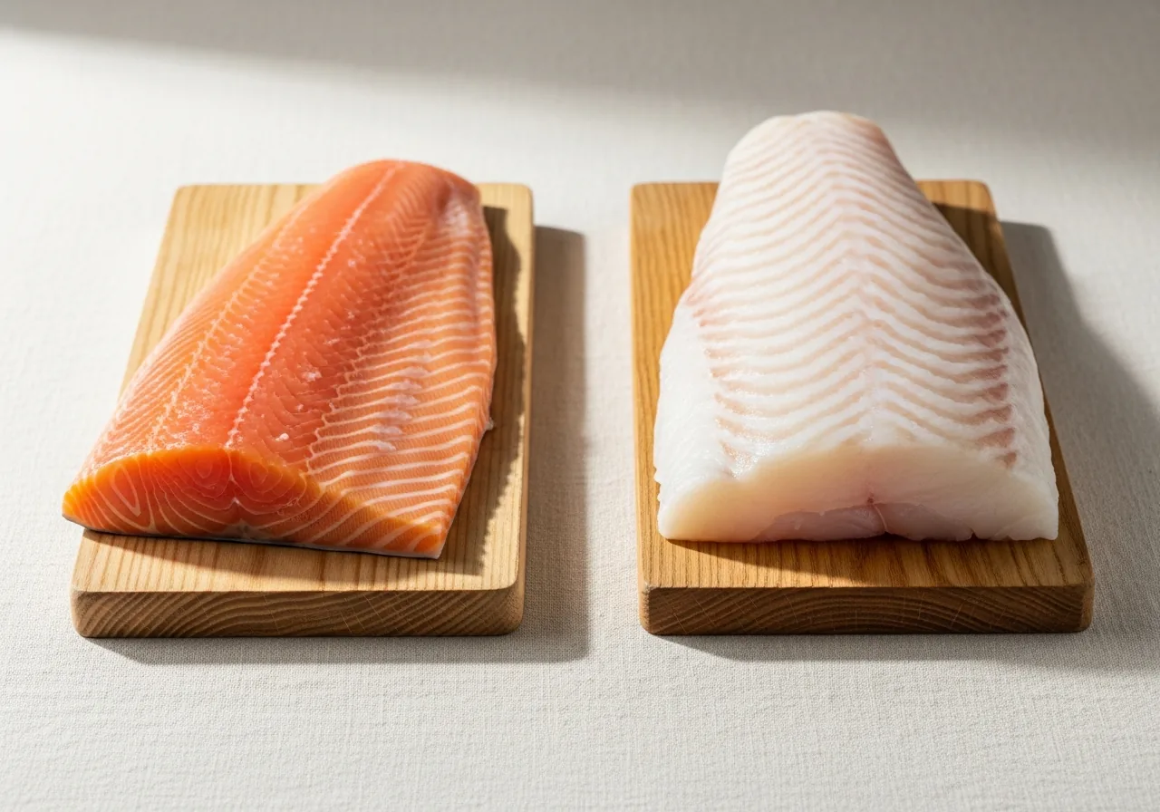 Salmon atlantic and cod side by side, photographed for nutritional comparison