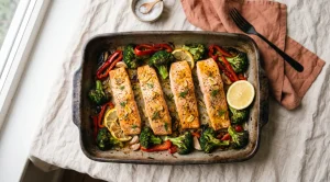 Salmon fillets baked with broccoli, red pepper and garlic in a roasting tin