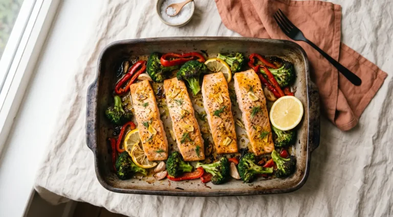 Salmon fillets baked with broccoli, red pepper and garlic in a roasting tin