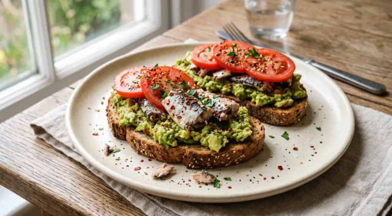 Sardines and smashed avocado on wholegrain toast topped with tomato