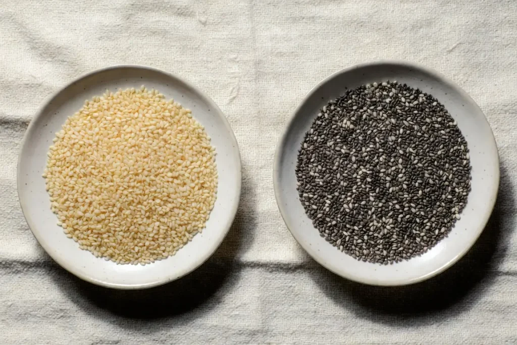 Sesame seeds and chia seeds side by side, photographed for nutritional comparison
